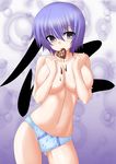  1girl artist_request blue_panties breasts character_request chocolate chocolate_on_breasts copyright_request heart highres mouth_hold panties purple_hair short_hair solo source_request topless underwear valentine 