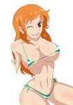  bare_shoulders bikini breasts cleavage earring earrings highres jewelry juudai large_breasts long_hair midriff nami nami_(one_piece) navel one_piece open_mouth orange_eyes orange_hair pirate simple_background sitting solo swimsuit thick_thighs thighs wink 