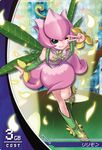  1girl bare_shoulders boots digimon digimon_jintrix dress flower green_eyes lillymon nail_polish petals smile solo v wings wink 