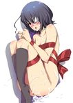  :o ahoge another bdsm black_hair blush bondage bound cum cum_in_pussy eyepatch facial kneehighs legs lying misaki_mei naked_ribbon on_side red_eyes ribbon ribbon_bondage short_hair shousan_bouzu solo sweat 
