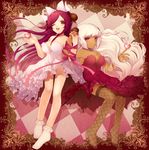  bad_id bad_pixiv_id dark_skin dress fishnets heart momoshiki_tsubaki multiple_girls one_eye_closed original panties red_hair thighhighs underwear valentine white_hair 