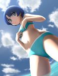  ano_natsu_de_matteru bikini blue_eyes blue_hair cloud day flat_chest from_below highres navel short_hair siraha sky solo swimsuit tanigawa_kanna wading water wet 