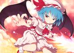  ascot bad_id bad_pixiv_id bat_wings blue_hair brooch fangs fingernails grin hat hat_ribbon highres jewelry long_fingernails mizukami_ryouma naughty_face outstretched_arms red_eyes remilia_scarlet ribbon sash shirt short_hair skirt skirt_set slit_pupils smile solo spear_the_gungnir touhou wings wrist_cuffs 