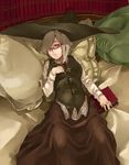  bed black_skirt book dress glasses gram_(muneneko) grey_hair hand_on_own_chest hat long_skirt long_sleeves looking_at_viewer muneneko necktie on_bed original pillow red_eyes skirt solo vest witch witch_hat 