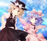  :o blonde_hair blue_eyes bow buttons cloud dress hand_on_hip hat hat_bow lavender_hair looking_away mai_(touhou) multiple_girls pink_dress ribbon shirt short_hair short_sleeves sitting skirt sky smile star_(sky) starry_sky touhou touhou_(pc-98) uranaishi_(miraura) vest wings yellow_eyes yuki_(touhou) 