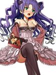  bare_shoulders black_legwear blush breasts chocolate chocolate_heart cleavage crossed_legs detached_sleeves dragon_maker dress earrings garter_straps green_eyes heart jewelry large_breasts lips long_hair looking_away matsui_hiroaki necklace open_mouth purple_hair sitting solo thighhighs tsundere valentine wavy_hair 
