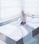  back barefoot barnaby_brooks_jr bed blanket blinds blonde_hair boxers from_behind male_focus male_underwear mechanical_wings muted_color pillow sitting solo superhero tiger_&amp;_bunny underwear wariza wings yukita819 