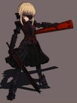  armor armored_dress artoria_pendragon_(all) avalon_(fate/stay_night) bad_id bad_pixiv_id black_armor blonde_hair dark_excalibur dress fate/stay_night fate_(series) highres nt00 saber_alter sheath solo sword weapon yellow_eyes 