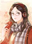  bad_id bad_pixiv_id box brown_eyes brown_hair flower gift gift_box glasses headphones hwansang long_hair original plaid plaid_scarf red-framed_eyewear scarf semi-rimless_eyewear solo under-rim_eyewear valentine 