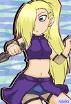  1girl :&lt; blonde_hair blue_eyes earrings fishnets hair_ornament hair_over_one_eye hairclip hibiki. jewelry kunai long_hair lowres midriff naruto navel ponytail solo weapon yamanaka_ino 