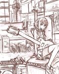  aiaiai bare_shoulders bike_shorts converse electric_guitar eyewear_on_head gibson guitar gumi headphones highres instrument les_paul miniskirt monochrome panties_(pantsu-pirate) shoes short_hair sketch skirt smile sneakers solo tube_amplifier vocaloid 