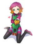  aquarion_(series) aquarion_evol black_bodysuit bodysuit chocolate exxe gradient_hair heart kneeling multicolored_hair pink_bodysuit solo stuffed_animal stuffed_frog stuffed_toy tama_(aquarion) yunoha_thrul 