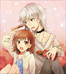  1girl accelerator ahoge albino brown_eyes brown_hair choker food heart last_order open_mouth pocky polka_dot red_eyes shirt short_hair sitting sleeves_rolled_up star striped striped_shirt to_aru_majutsu_no_index white_hair zarutsu 