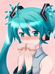  ahoge aqua_eyes aqua_hair blush box gift hatsune_miku headphones heart-shaped_box long_hair orebelt solo twintails valentine vocaloid 