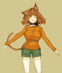  ^_^ animal_ears blush_stickers breasts brown_background brown_hair cat_ears cat_tail closed_eyes collar haruka_(muneneko) large_breasts long_sleeves muneneko orange_shirt original outstretched_arms ribbed_sweater shirt shorts simple_background sketch smile solo spread_arms standing sweater tail thighhighs v_arms white_legwear 