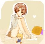  barefoot blonde_hair blush_stickers brown_eyes brown_hair character_doll danshi_koukousei_no_nichijou hair_ornament hairclip kashizu_ringo necktie panties pantyshot pantyshot_(sitting) pillow president_(danshi_koukousei) ringo-chan_(danshi_koukousei) school_uniform short_hair sitting underwear vest 