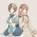  blue_eyes bow brown_eyes brown_hair coat cosplay costume_switch dress earmuffs eyelashes fraulein_(module) fuwafuwa_coat_(module) gloves hand_on_own_chest hat long_hair looking_at_viewer megurine_luka meiko mini_hat multiple_girls pink_hair project_diva_(series) project_diva_2nd puffy_sleeves short_hair simple_background striped vocaloid winter_clothes 