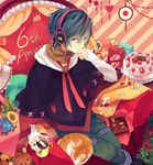  akiyoshi_(tama-pete) blue_eyes blue_hair brown_scarf cake candy cat chocolate cup food from_above headphones jewelry kaito looking_at_viewer male_focus mug plaid plaid_scarf ring scarf smile solo throne vocaloid 