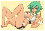  aquarion_(series) aquarion_evol barefoot breasts cleavage cleavage_cutout feet green_hair gus_(clarkii) large_breasts legs midriff navel purple_eyes short_hair short_shorts shorts solo toes zessica_wong 