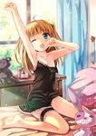  ;o alarm_clock arm_up armpits bad_id bad_pixiv_id barefoot bed bed_sheet black_dress blonde_hair blue_eyes boku_wa_tomodachi_ga_sukunai clock cupboard curtains dress hasegawa_kobato indoors leg_garter long_hair morning on_bed one_eye_closed peach_(momozen) pillow ponytail sitting solo strap_slip stretch stuffed_animal stuffed_bunny stuffed_toy teddy_bear two_side_up wariza window yawning 