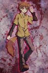  animal_ears ayamisiro blush brown_eyes brown_hair character_request copyright_request full_body highres male_focus pants purple_background shirt shoes solo tail 
