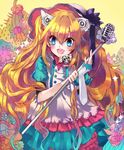  1girl animal_ears bad_id bad_pixiv_id blonde_hair blue_eyes dress flower frills hat long_hair looking_at_viewer microphone microphone_stand open_mouth potcherry seeu smile solo sparkle very_long_hair vintage_microphone vocaloid 