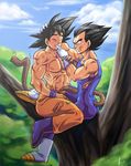  2boys abs alien black_hair blood blush cuts dragon_ball dragonball dragonball_z fingering fingers_in_another's_mouth hand_on_another's_head highres injury male male_focus male_only multiple_boys muscle nipples oral outdoors saliva sitting son_goku son_gokuu spiked_hair surprised tail torn_clothes vegeta wince yaoi 