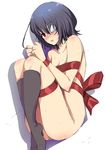  ahoge another bdsm black_hair blush bondage bound eyepatch kneehighs legs lying misaki_mei naked_ribbon on_side red_eyes ribbon ribbon_bondage short_hair shousan_bouzu solo sweat 