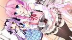  apron aqua_eyes black_legwear bowl chocolate detached_sleeves drill_hair dutch_angle hair_ribbon heart highres jewelry kitchen lavender_hair michioka_airi moriyama_shijimi mouth_hold multiple_girls necklace open_mouth pink_hair plaid plaid_apron plaid_skirt ribbon shoujo_shin'iki_shoujo_tengoku skirt smile spatula takagi_sana thighhighs twin_drills twintails valentine wavy_mouth white_legwear yellow_eyes zettai_ryouiki 