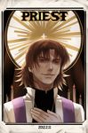  2012 bad_id bad_pixiv_id bangs brown_eyes brown_hair candle cassock cross dated fate/stay_night fate_(series) halo hand_on_own_chest jewelry kotomine_kirei male_focus necklace priest ribbon solo stole sun surplice yunvshen 