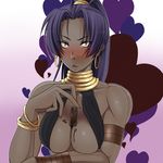  asashin_(kazami-tomo) assassin_(fate/zero) bad_id bad_pixiv_id bangs between_breasts blue_hair blush breasts chocolate chocolate_heart dark_skin earrings fate/zero fate_(series) female_assassin_(fate/zero) heart hoop_earrings jewelry large_breasts long_hair melting messy muscle neck_ring necklace ponytail purple_hair solo surprised 