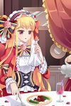  artist_request bangs blonde_hair bow breasts cinia_pacifica corset cup dress drinking_glass flower food fork frills hairband holding long_hair lowres napkin open_mouth pink_eyes ribbon rose sitting small_breasts solo_focus striped sword_girls wine_glass 