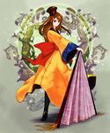  brown_hair fan final_fantasy final_fantasy_tactics folding_fan hat kuwae long_hair mystic_(fft) paper_fan robe solo 