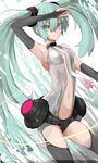  arm_up armpits bad_id bad_pixiv_id bridal_gauntlets center_opening green_eyes green_hair hatsune_miku hatsune_miku_(append) highres long_hair navel necktie saihate_(d3) solo thighhighs twintails very_long_hair vocaloid vocaloid_append 