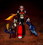  aoiro_no_kaze blonde_hair blood broken crack forte_(rockman) lead_pipe long_hair multiple_boys purple_eyes robot rockman rockman_(character) rockman_(classic) rockman_x zero_(rockman) 