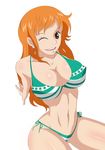  bare_shoulders bikini breasts brown_eyes cleavage earring earrings erect_nipples highres jewelry juudai large_breasts nami nami_(one_piece) navel one_piece orange_eyes orange_hair pirate side-tie_bikini simple_background sitting solo swimsuit thick_thighs thighs wink 