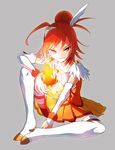  bike_shorts boots choker cure_sunny elbow_gloves fire full_body gloves grey_background hair_bun hair_ornament hairpin hino_akane_(smile_precure!) magical_girl maro_nie orange_eyes orange_skirt precure red_choker red_hair red_shorts short_hair shorts shorts_under_skirt sitting skirt smile smile_precure! solo thigh_boots thighhighs white_legwear 