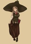  black_skirt book breasts brown_background dress glasses gram_(muneneko) grey_hair hat large_breasts long_skirt long_sleeves looking_at_viewer muneneko necktie original red_eyes simple_background skirt solo vest witch_hat 