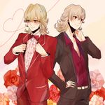  adjusting_clothes bad_id bad_pixiv_id barnaby_brooks_jr blonde_hair bow bowtie dark_persona formal glasses green_eyes hand_on_hip jewelry multiple_boys ouroboros ourobunny poco24 red_eyes ring suit tattoo tiger_&amp;_bunny 