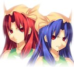  blue_hair close-up dual_persona hat long_hair matsuki_akira multiple_girls orange_(touhou) portrait red_eyes red_hair simple_background touhou touhou_(pc-98) 