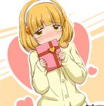  blonde_hair blush cardigan chocolate hairband kise_yayoi komore precure school_uniform short_hair shy skirt smile_precure! solo tears valentine white_hairband yellow_eyes 