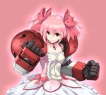  aura bow bubble_skirt choker clenched_hands collarbone dress fighting_stance fusion gundam gundam_age gundam_age-1 gundam_age-1_titus hair_bow kaname_madoka magical_girl mahou_shoujo_madoka_magica mecha_musume mechanical_arms nagi-kaze pink_background pink_hair red_eyes short_twintails simple_background skirt solo twintails 