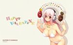  bare_shoulders bikini blush breasts candy cleavage doughnut food happy_valentine headphones highres jewelry large_breasts leaning_forward long_hair looking_at_viewer navel necklace nitroplus pink_hair red_eyes smile solo super_sonico swimsuit tsuji_santa valentine wallpaper 