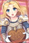  :o armor blonde_hair blue_eyes blush chocolate dakun hairband heart league_of_legends long_hair looking_at_viewer luxanna_crownguard solo striped striped_background valentine 