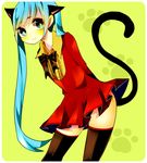  animal_ears aqua_hair arms_behind_back bad_id bad_pixiv_id bow bowtie cat_ears cat_tail dress green_eyes hatsune_miku long_hair solo tail thighhighs twintails uomiya_naname very_long_hair vocaloid 