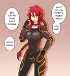  armor artist_request collar league_of_legends ponytail red_eyes red_hair shyvana translated tsundere 
