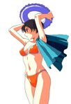  90s armpits arms_up bikini black_eyes black_hair breasts cleavage cowboy_shot fujiki_sayuri highres holding innertube light_smile looking_away medium_breasts navel non-web_source official_art orange_bikini profile short_hair simple_background smile solo standing swimsuit towel towel_around_neck white_background yamada_masaki zenkoku_seifuku_bishoujo_grand_prix 