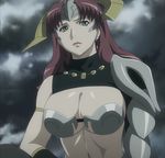  armor breasts claudette_(queen's_blade) clawdette cleavage earrings green_eyes highres jewelry large_breasts lipstick long_hair makeup metal_bra necklace queen&#039;s_blade queen's_blade red_hair sad screencap solo stitched 