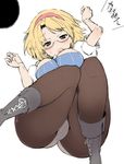  alice_margatroid ass bangs bespectacled black_legwear blonde_hair boots breasts brown_legwear cross-laced_footwear glasses hairband hips hiruma_andon impossible_clothes impossible_shirt knees_together_feet_apart labia large_breasts legs legs_up lying on_back open_mouth panties panties_under_pantyhose pantyhose rumia rumia_(darkness) shirt sketch solo thighs touhou trefoil underwear white_panties wide_hips 