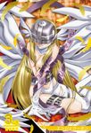  angel_wings angewomon artist_request asymmetrical_clothes belt blonde_hair breasts digimon digimon_adventure feathers gloves head_wings helmet long_hair lowres medium_breasts official_art ribbon solo thigh_strap torn_clothes wings 